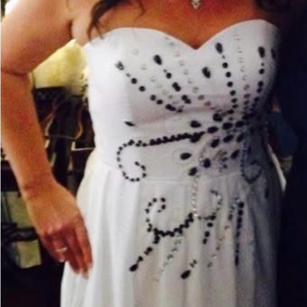 Elegant White and Navy Embellished Dress